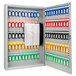 A gray metal Barska key cabinet with keys and key tags inside.