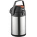 A close-up of a silver and black Acopa stainless steel vacuum flask with a metal lever.