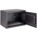 A black rectangular Barska hotel security safe with a door open and key lock.