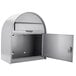 A grey metal Barska wall-mount mailbox with open door.