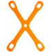 An orange plastic x-shaped object with two holes.