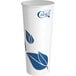 A white EcoChoice paper hot cup with blue leaf print.