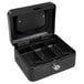 A black steel Barska cash box with key lock.