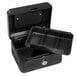 A black steel Barska cash box with key lock and handle.