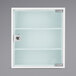 A white steel Barska medicine cabinet with tempered glass doors and a lock.