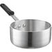 A silver aluminum Choice saucepan with a black silicone handle.