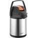 An Acopa stainless steel airpot with a black metal lever and decaf label.
