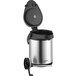 An Acopa stainless steel airpot with a black lid and metal lever.
