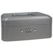 A gray metal Barska cash box with a combination lock.