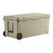 A tan CaterGator outdoor cooler with black wheels.