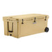 A beige CaterGator outdoor cooler with black wheels.