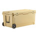 A beige CaterGator outdoor cooler with black wheels.