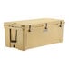 A beige CaterGator outdoor cooler with black handles and wheels.