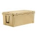 A tan plastic cooler with black handles.