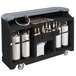 A black Cambro portable bar with cylinders and bottles on it.
