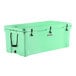 A seafoam green CaterGator outdoor cooler with black handles.