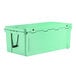 A seafoam green CaterGator outdoor cooler with black handles.