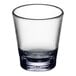 A clear plastic stackable shot glass with a clear rim.