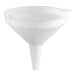 A white plastic funnel with a wide top and narrow spout, designed for transferring liquids or powders.