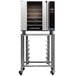A Moffat E32T5-T Turbofan commercial convection oven on a metal cart.