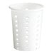 A white perforated plastic flatware holder cylinder.