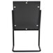 A black metal Aarco double pedestal poster stand holding a black sign.