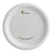A white Pactiv EarthChoice paper plate with green text.