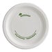A white Pactiv EarthChoice paper plate with green text.