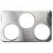 A silver metal plate with three circles and four squares.