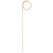 A close-up of a red bamboo loop food pick with a long handle.