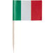 A white food pick with a small Italian flag on the end.