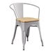 A Lancaster Table & Seating gray metal chair with a natural wood seat.