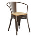 A Lancaster Table & Seating copper metal chair with a natural wood seat.