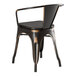 A black metal Lancaster Table & Seating arm chair with a black wood seat and back.