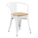 A white Lancaster Table & Seating arm chair with a natural wood seat.