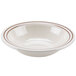 A white bowl with brown stripes on the rim.
