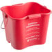 A red San Jamar sanitizing bucket with white text and a handle.