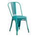 A teal metal Lancaster Table & Seating outdoor cafe chair with a black seat.