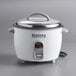 A white and silver Galaxy rice cooker with lid and handle.