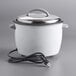 A white Galaxy electric rice cooker with a white pot and lid and a cord.