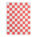 A rectangular sheet of red and white checkered basket liner or deli sandwich wrap paper.