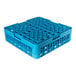 A blue plastic glass rack with 25 compartments and one extender, designed for washing and transporting glassware.