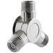 A silver metal Manual Mixing Valve with two white circles on it.