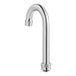 A chrome gooseneck spout for a faucet with a silver background.