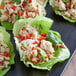 A plate of lettuce wraps filled with Hungry Planet plant-based ground chicken and vegetables.