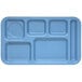 A blue Carlisle melamine tray with six compartments.