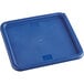 A white square polypropylene food storage container with a blue lid.