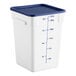 A white 22-quart square polypropylene food storage container with a blue lid and measurement markings on the side.