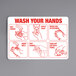 A red and white aluminum sign for a restaurant counter with symbols showing how to wash your hands.