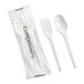 A set of white compostable heavy weight plastic spoon and fork with individual wrapping.